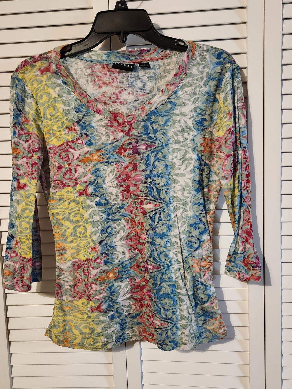 Tribal Multicolor V-Neck Long Sleeve Top - Blue, Yellow, Pink, Green